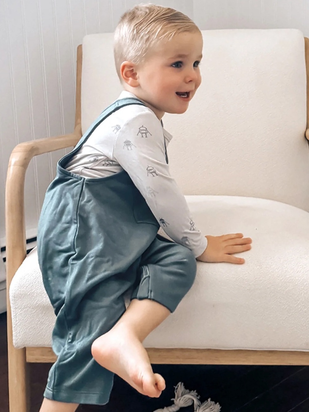 Gunamuna robot print onesie and overalls.